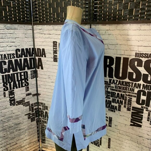 Jeffery Banks L Blue Split Neck Plaid Trim Top - Picture 3 of 6